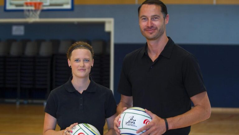 New Zealand women's fistball team captain Vikki Buston (left), and President of the New Zealand Fistball Association Blase Dowall